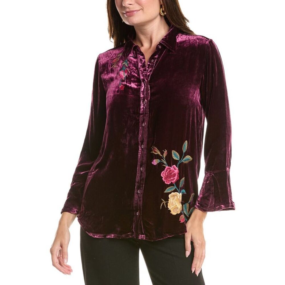 Johnny Was Womens  Flounce Sleeve Velvet Silk-Blend Shirt, Purple